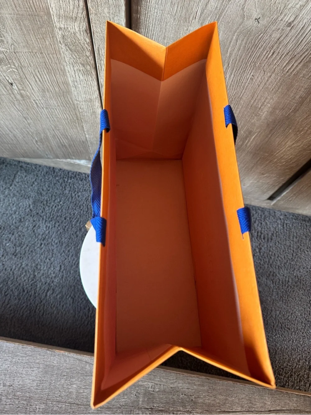 Louis Vuitton Orange paper shopping bag with Blue Ribbon Handles